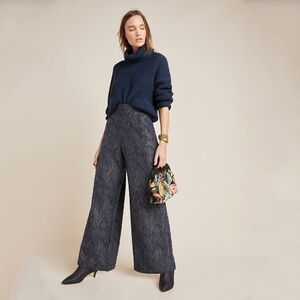 Eva Franco Anthropologie Wide-Leg Jacquard Black Trousers with Pockets NWT
